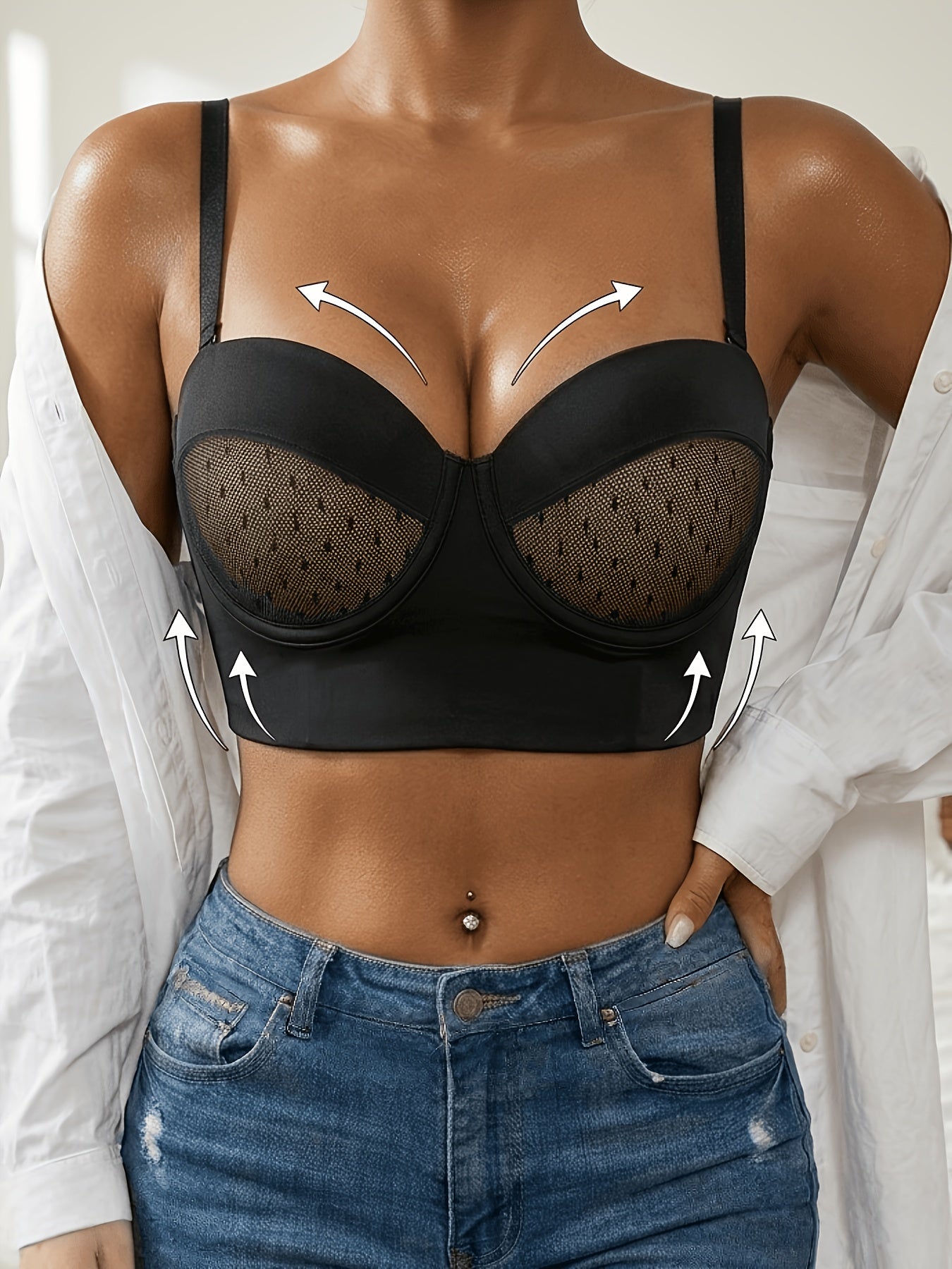 Push Up Bra, Polka Dot Mesh Cutout Balconette Bra, Anti-Slip Multi-Hook Back Support Bustier Bra For Women