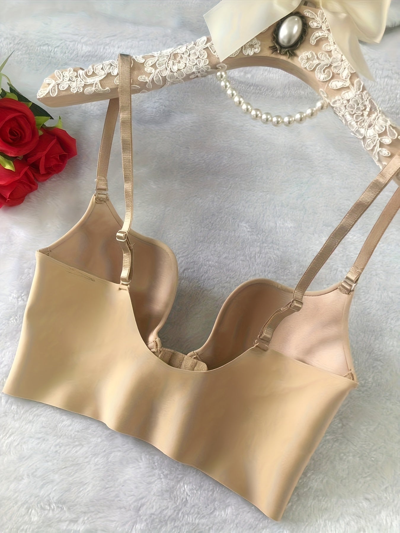 Front Closure Deep V Push Up Bra, Smooth Seamless Underwire Longline Bra, Adjustable Thin Strap Support Bra in Black Nude White