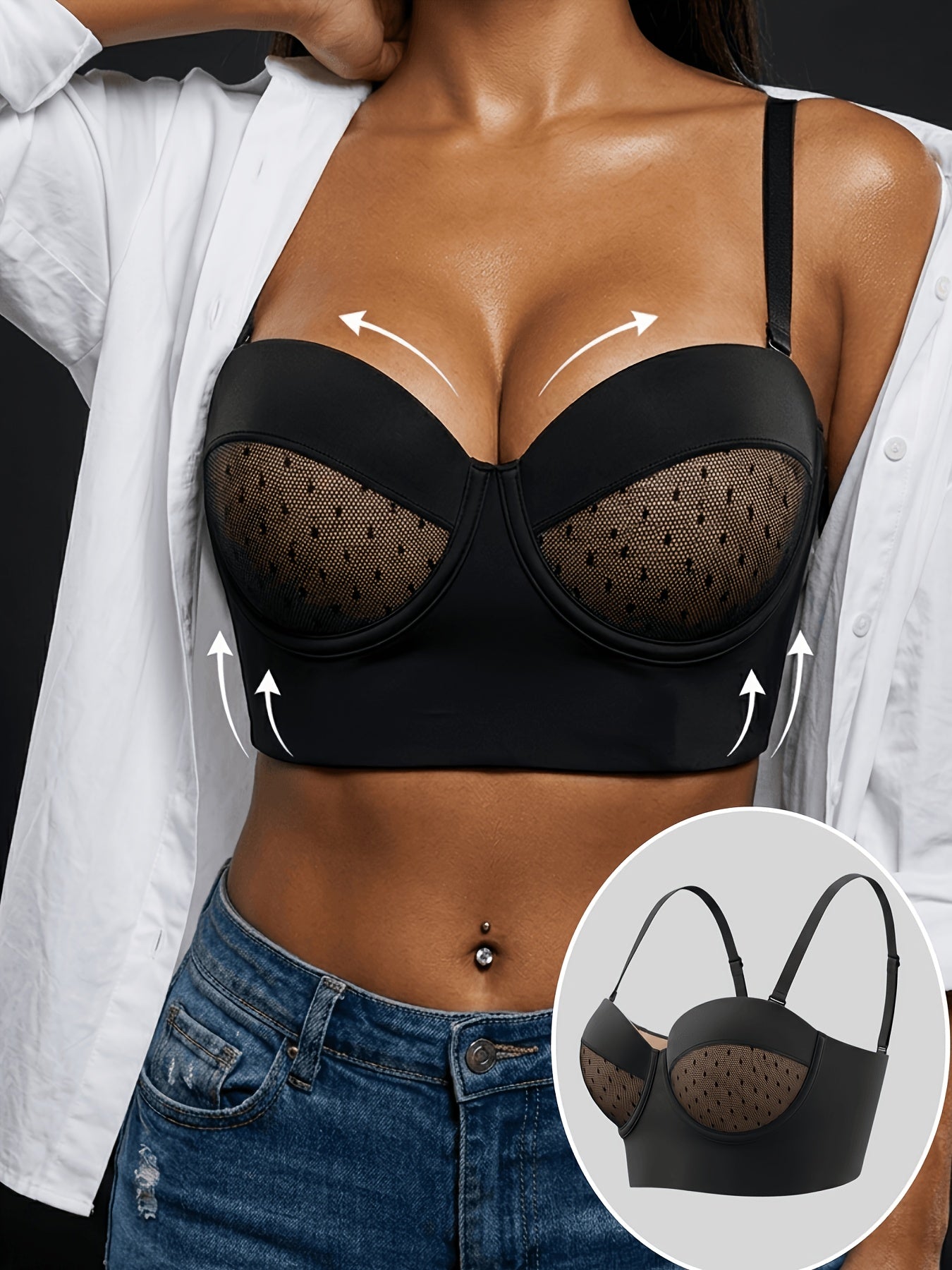 Push Up Bra, Polka Dot Mesh Cutout Balconette Bra, Anti-Slip Multi-Hook Back Support Bustier Bra For Women