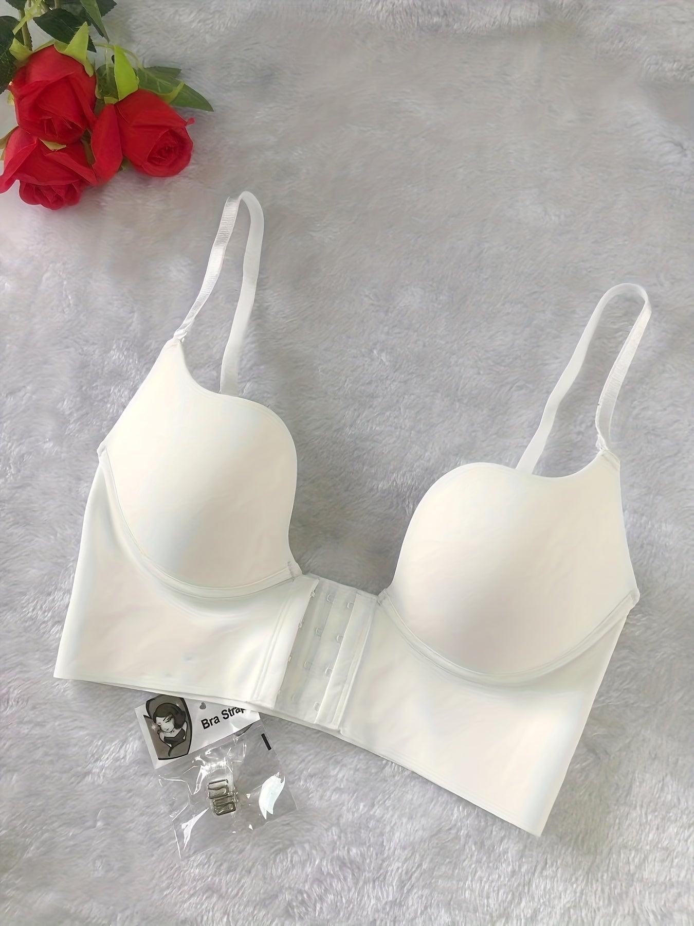 Front Closure Deep V Push Up Bra, Smooth Seamless Underwire Longline Bra, Adjustable Thin Strap Support Bra in Black Nude White