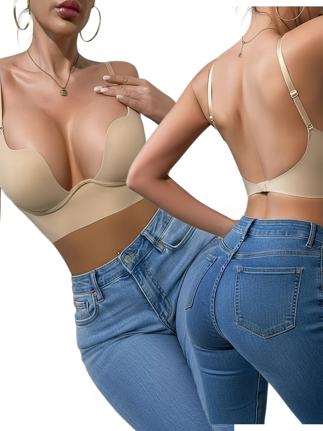 2pcs Women's Sexy Push-Up Bra, Seamless Backless Design, Underwire Lift Bra for Sagging Bust Support, Solid Color Daily Wear, Fashion Elements, Deep U-Neckline, New Style, Fixed Lining, Non-Removable Pads