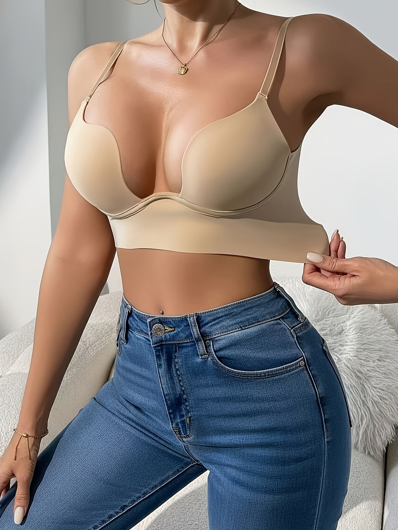 2pcs Women's Sexy Push-Up Bra, Seamless Backless Design, Underwire Lift Bra for Sagging Bust Support, Solid Color Daily Wear, Fashion Elements, Deep U-Neckline, New Style, Fixed Lining, Non-Removable Pads