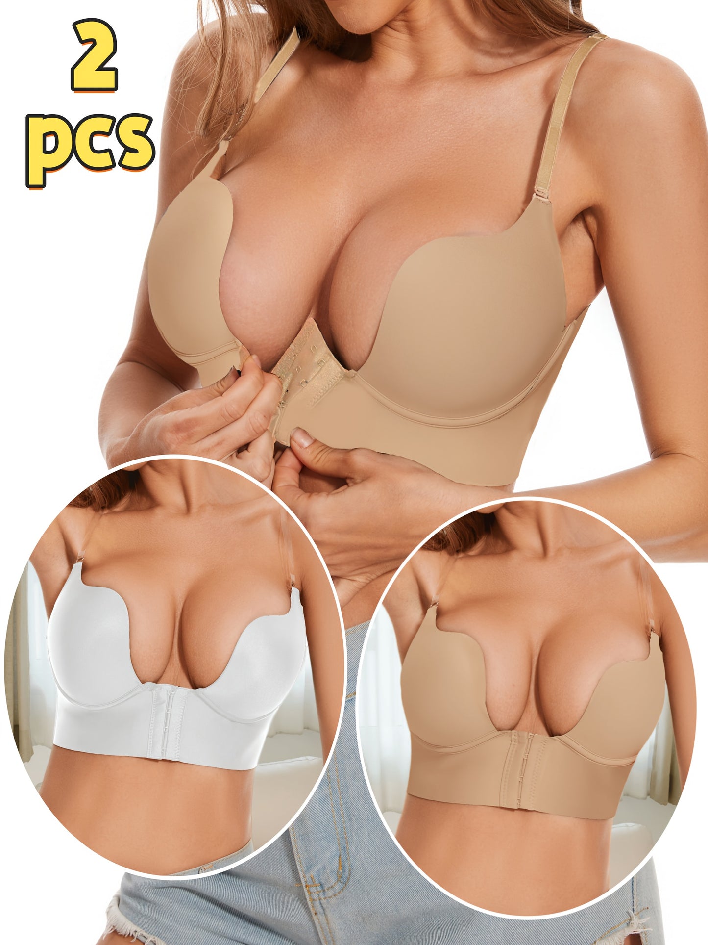 2 Pack Front Closure Deep V Push Up Bra, Seamless Underwire Longline Shaping Bra, 3 Color Combinations: Black/Nude/White Convertible Thin Strap Bra