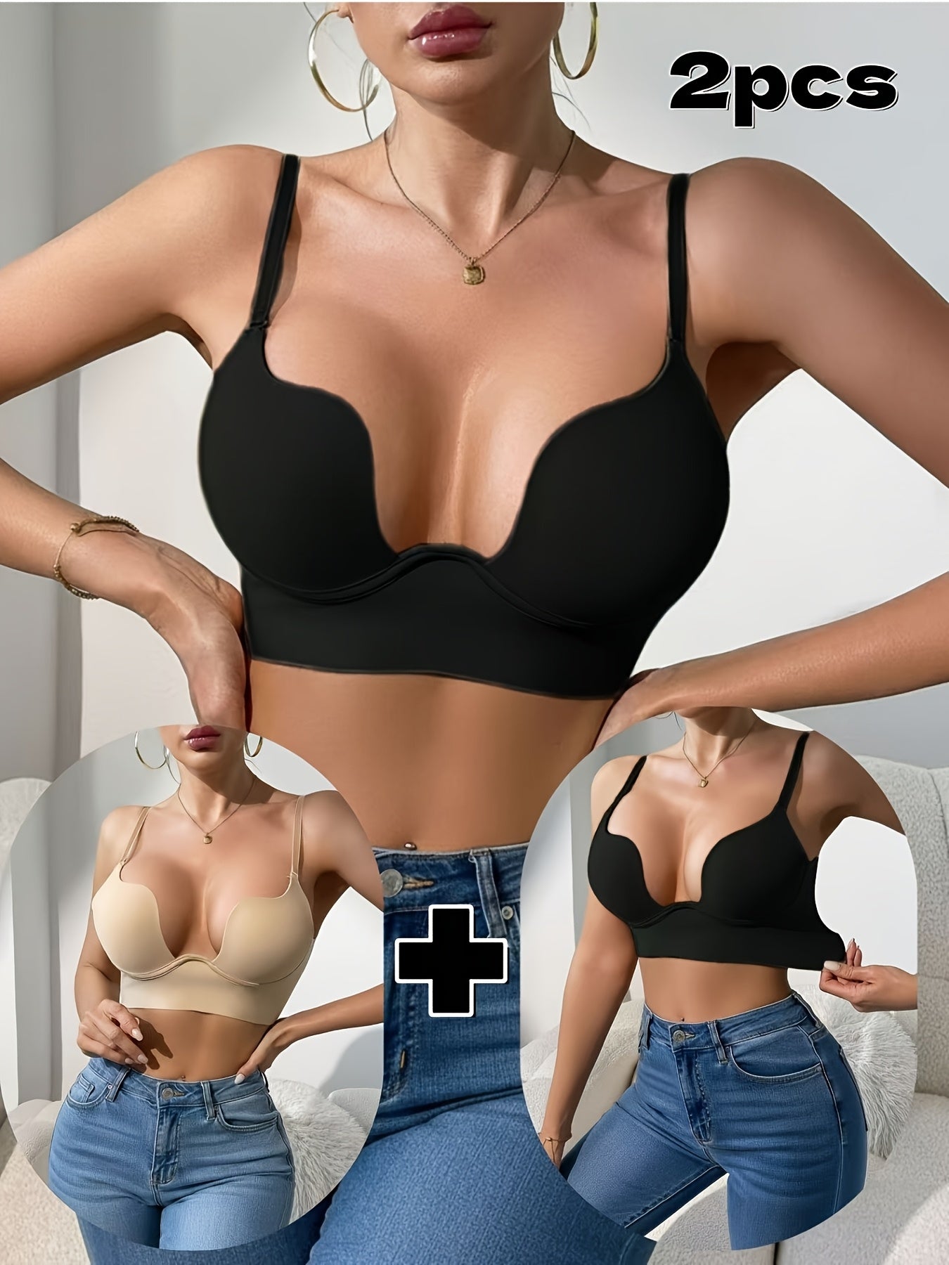 2pcs Women's Sexy Push-Up Bra, Seamless Backless Design, Underwire Lift Bra for Sagging Bust Support, Solid Color Daily Wear, Fashion Elements, Deep U-Neckline, New Style, Fixed Lining, Non-Removable Pads