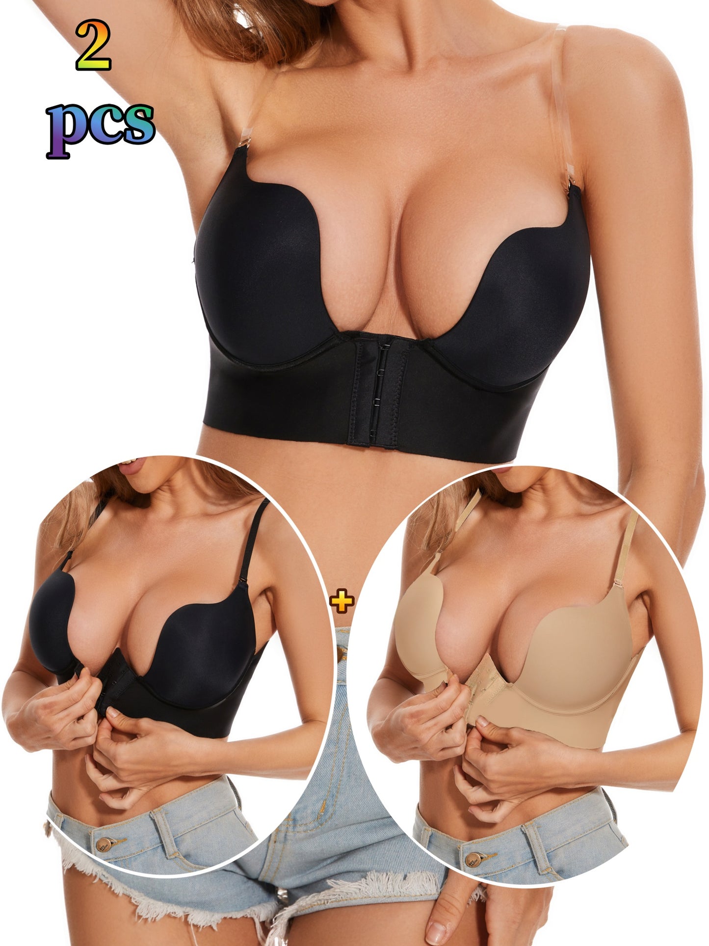 2 Pack Front Closure Deep V Push Up Bra, Seamless Underwire Longline Shaping Bra, 3 Color Combinations: Black/Nude/White Convertible Thin Strap Bra