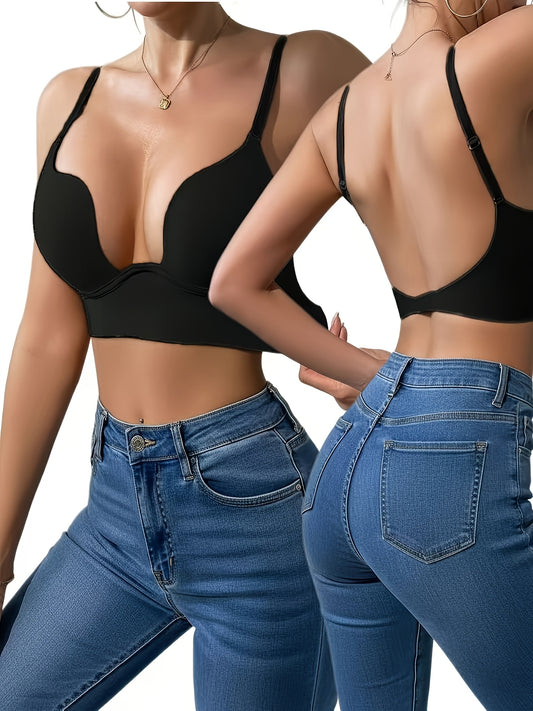 2pcs Women's Sexy Push-Up Bra, Seamless Backless Design, Underwire Lift Bra for Sagging Bust Support, Solid Color Daily Wear, Fashion Elements, Deep U-Neckline, New Style, Fixed Lining, Non-Removable Pads
